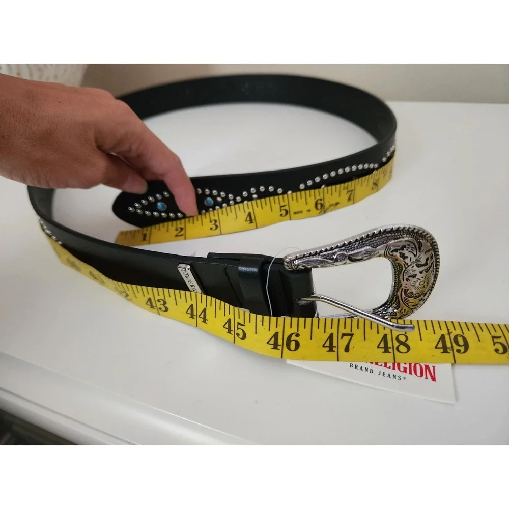 TRUE RELIGION Women Stone Embellished Southwestern Faux Leather Black‎ Belt L/XL